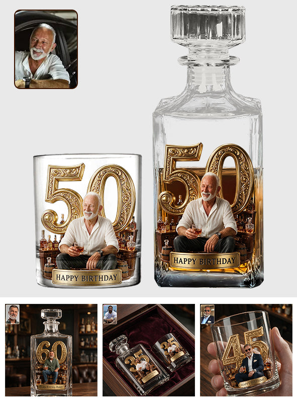 Birthday Gift For Him Dad.... Custom From Any Photo - Personalized Birthday Whiskey Decanter Set