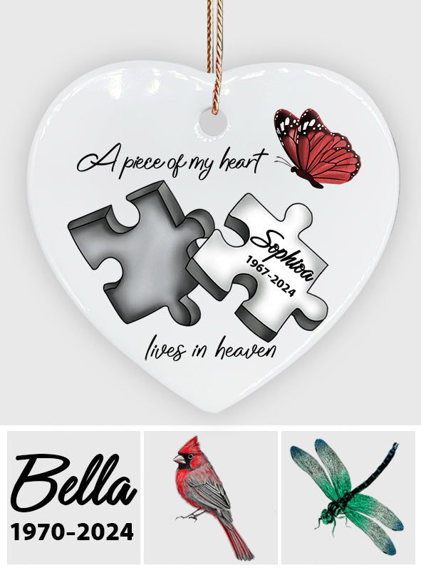 A Piece Of My Heart Lives In Heaven - Personalized Memorial Ceramic Heart Ornament