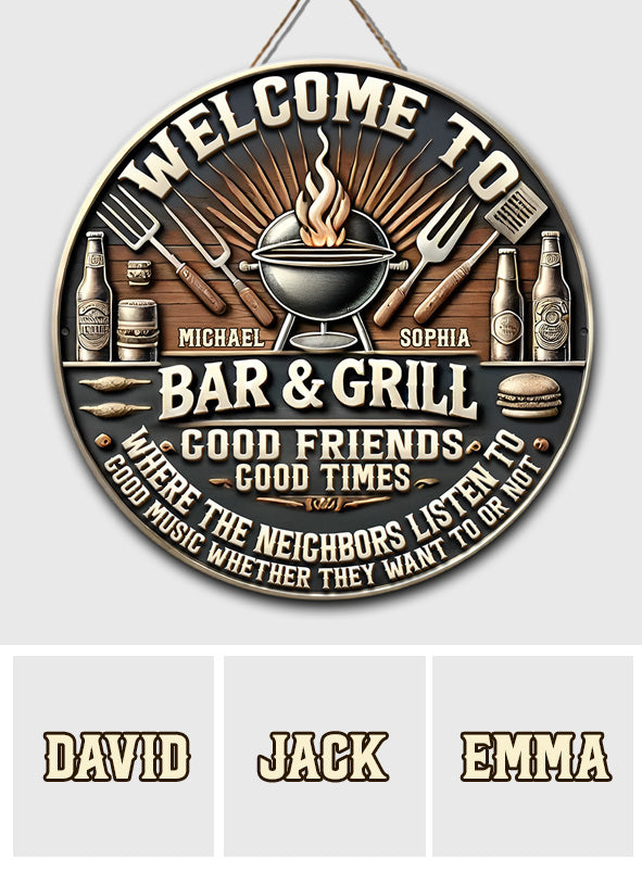 Patio Grilling Listen To The Good Music - Personalized Couple Round Wood Sign