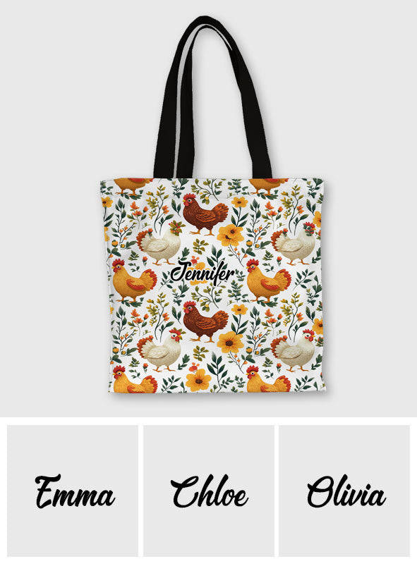 Cute Floral Chickens - Personalized Chicken All-Over Print Canvas Tote Bag