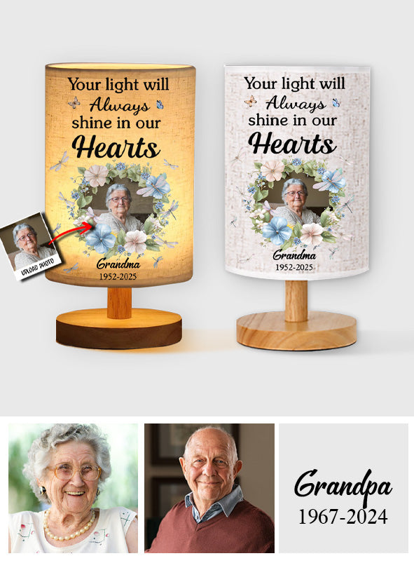 Your Light Will Always Shine In Our Hearts - Personalized Memorial Tableside Lamp With Wood Base