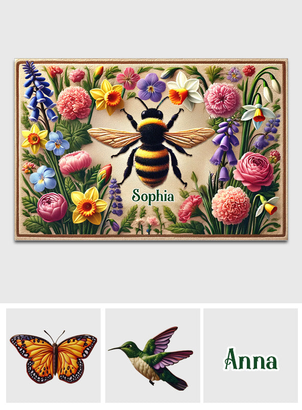 Beautiful Flowers Garden With Bee, Butterfly, Hummingbird & Dragonfly - Personalized Gardening Doormat