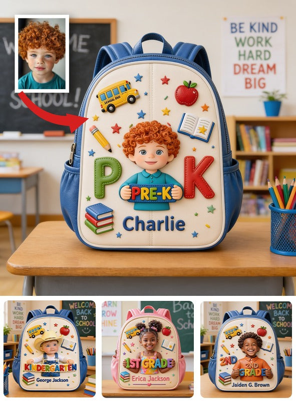 Personalized Curly Haired Little Boy Pre-K Backpack, Custom Back To School Gift for Kids, Removable Leather Patch School Bag