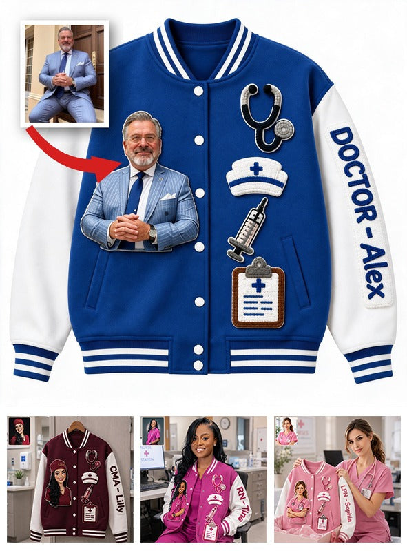 Custom Photo Male Doctor Varsity Jacket, Personalized Appreciation Gift for Doctor & Healthcare Staff