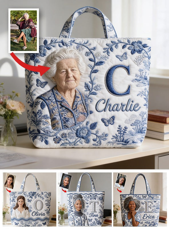 Custom Embroidered Older Woman Portrait Quilted Tote Bag, Personalized Monogrammed Grandma Gift for Everyday Use