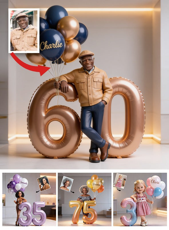Personalized Custom Photo 60th Birthday Acrylic Plaque - Smiling Older Black Man Balloon Milestone Keepsake Gift