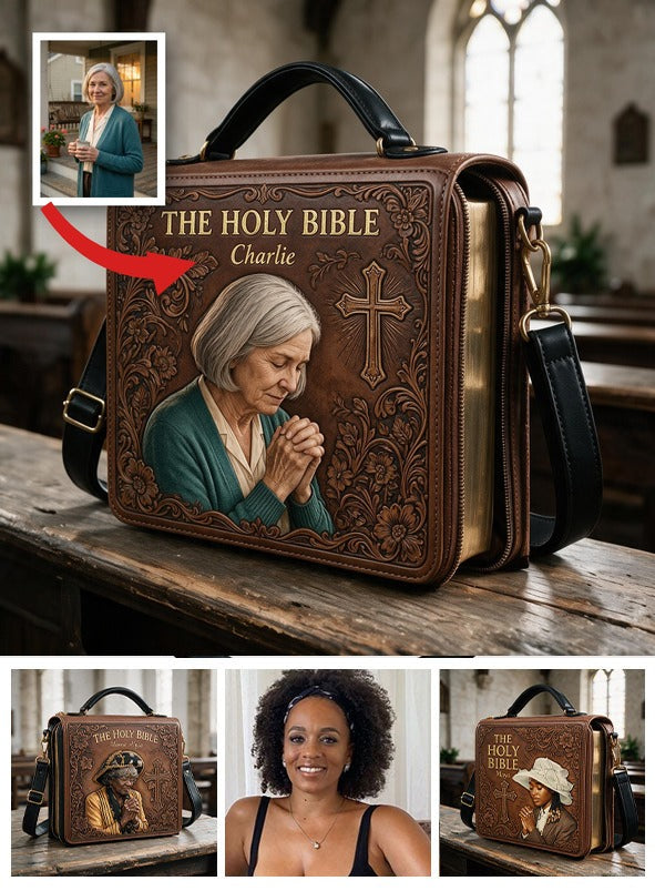 Custom Photo Praying Elderly Latina Woman Leather Bible Cover Bag Religious Gift