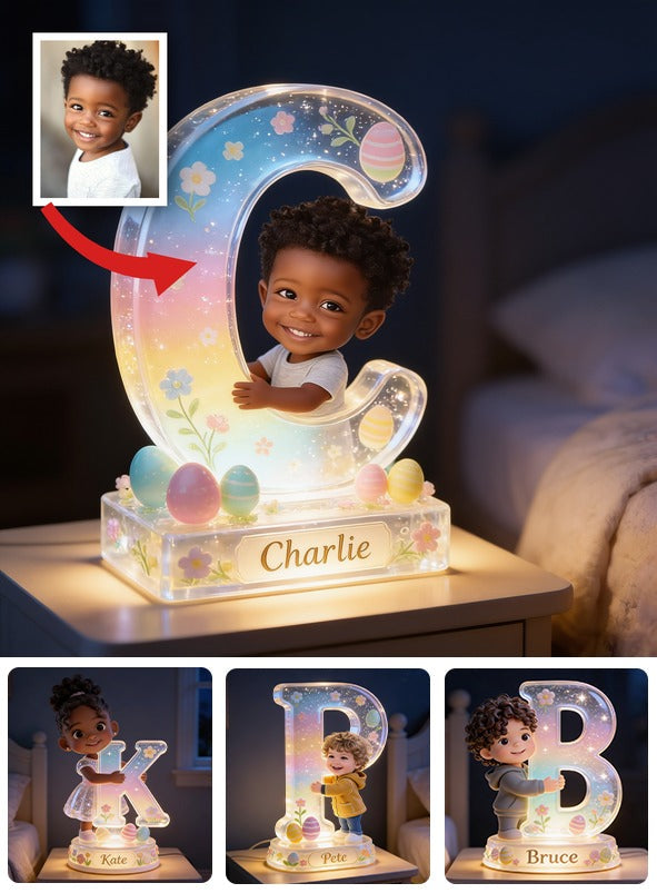 Personalized Easter Smiling Young Boy Acrylic LED Night Light Black Kid Gift