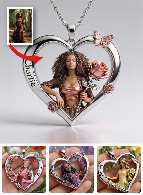 Personalized Birth Month Flower Black Woman Heart Pendant Necklace Self Love Jewelry