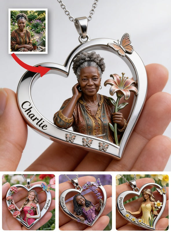 Personalized Birth Month Flower Black Woman Heart Pendant Necklace Keepsake Gift