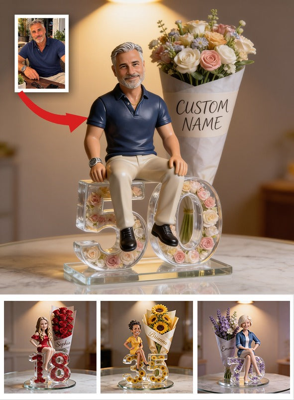 Custom Photo 50th Birthday Older Latina Man Flower Bouquet Acrylic Plaque Gift for Dad Husband Grandpa