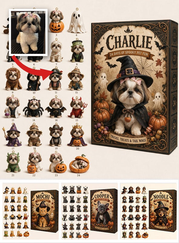 Personalized Halloween Fluffy Shih Tzu Advent Calendar with Mini Ornaments, Pet Lover Gift