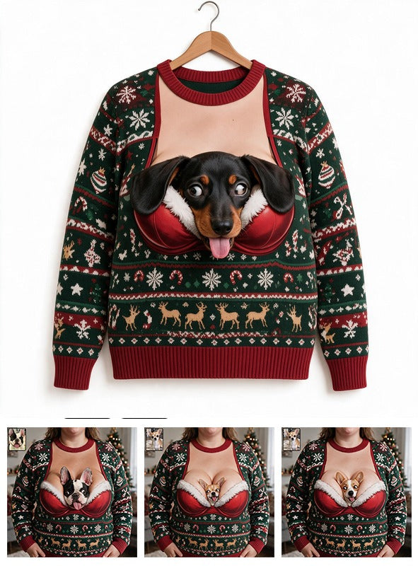 Custom Photo Christmas Black and Tan Dachshund Puppy Ugly Sweater Funny Gift