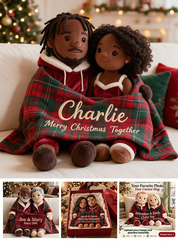 Personalized Christmas Black Couple Faux Fur Pillow, Unique Couple Holiday Gift