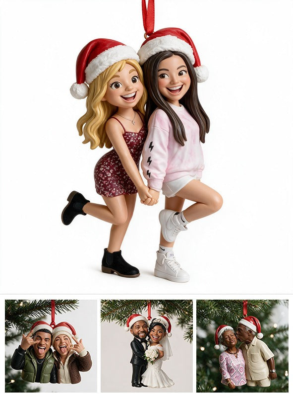 Custom Photo Christmas Lesbian Couple Caricature Ornament LGBT Holiday Gift