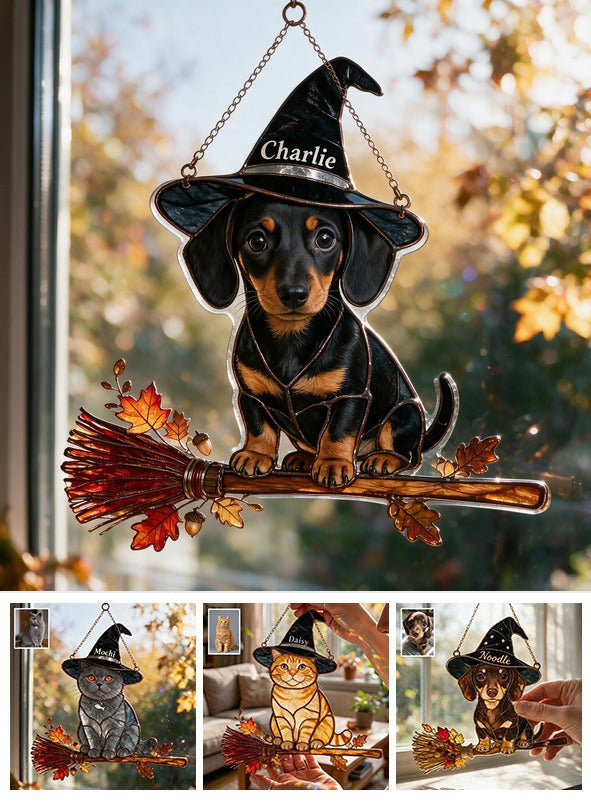 Personalized Halloween Black and Tan Dachshund Puppy 3D Printed Glass Suncatcher