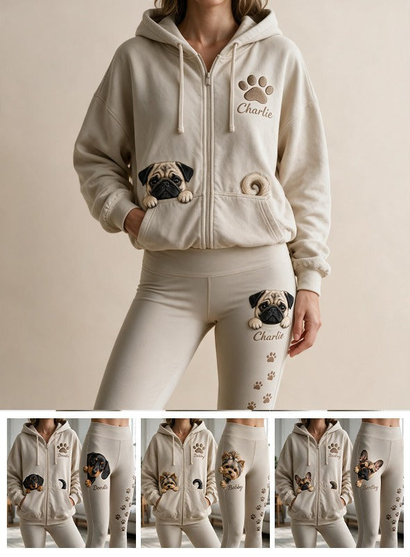 Personalized Fawn Black Mask Pug Zip Hoodie & Leggings Loungewear Set