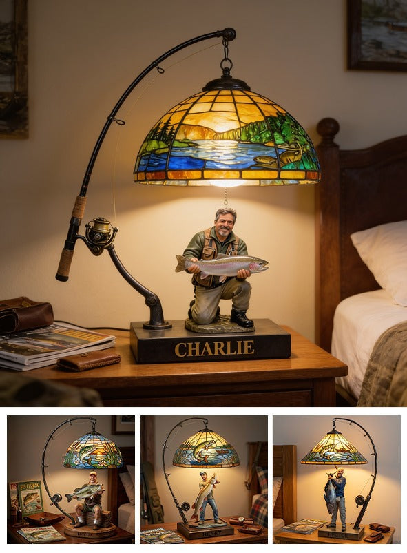 Personalized Middle-Aged Latino Fisherman Acrylic LED Night Light Fishing Lover Gift
