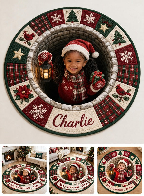 Personalized Christmas Black Little Girl Non-Slip Tufted Rug, Kids Holiday Home Decor Gift