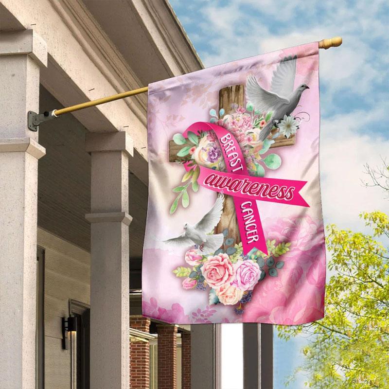Pink Ribbon Flower Cross - Breast Cancer Awareness House Flag 0822