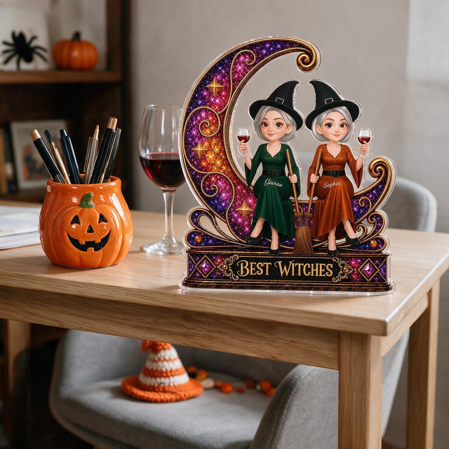 Personalized Best Witches On Sparkle Moon Acrylic Block, Halloween Best Friend Decor Gift