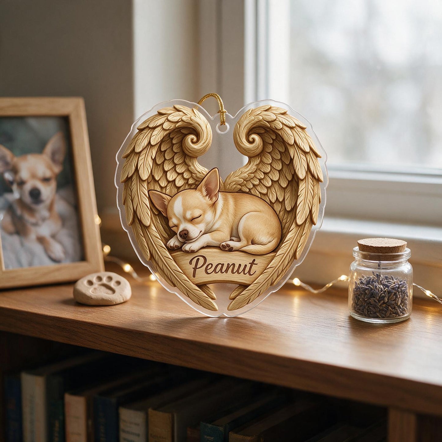 Sleeping Chihuahua Golden Angel Wings Heart Acrylic Ornament - Personalized Pet Memorial Sympathy Gift for Dog Lovers