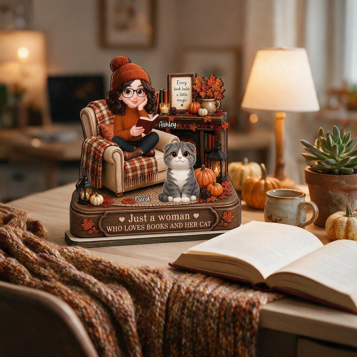 Fall Just a Woman Who Loves Books and Her Cat Personalized 2-Layer Wooden Plaque - Book Lover Cat Mom Autumn Gift