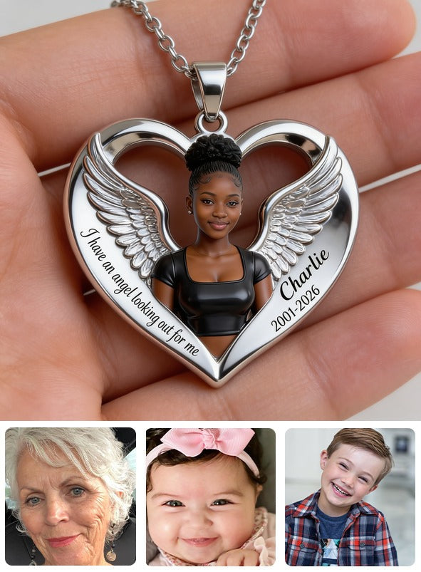 Personalized Memorial Black Woman Angel Wing Heart Pendant Necklace