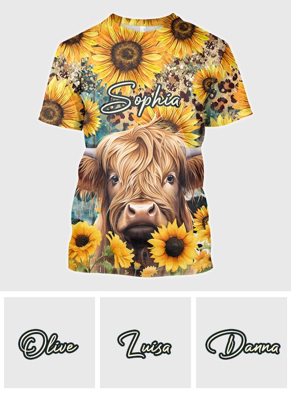 Highland Cow Among Sunflowers - Personalized All Over Shirt