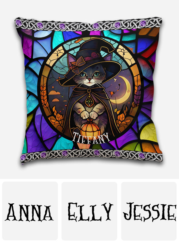 Beautiful Stained Glass Witch Black Cat - Personalized Black Cat Throw Pillow