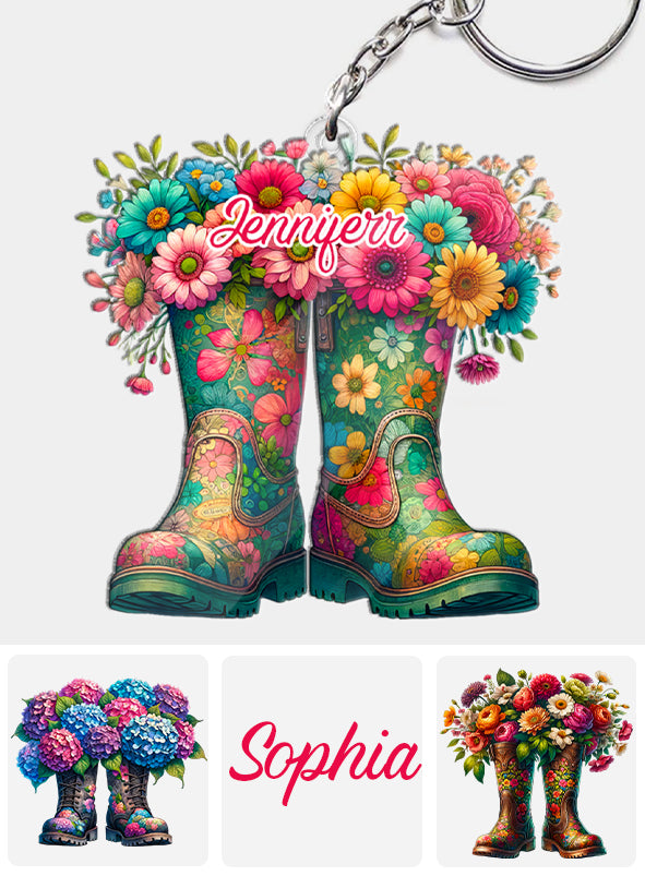 Floral Garden Boots - Personalized Gardening Keychain