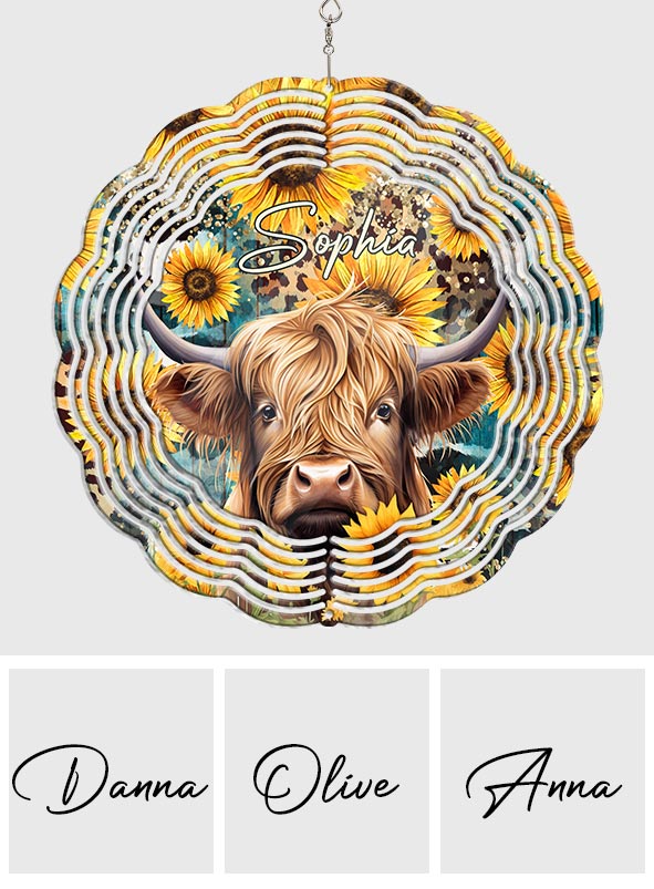 Highland Cow Among Sunflowers - Personalized Wind Spinner