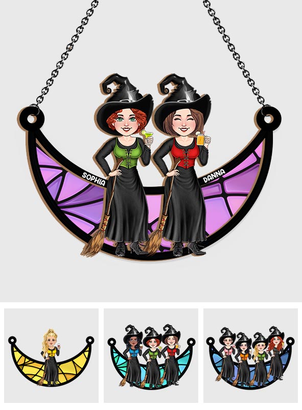 Witches Sitting On The Moon - Personalized Bestie 2 Layered Window Hanging Suncatcher