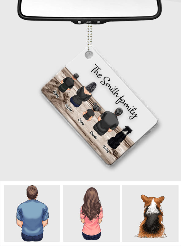 Family Sitting Back View Retro Vintage Beach Landscape - Personalized Family Transparent Car Ornament