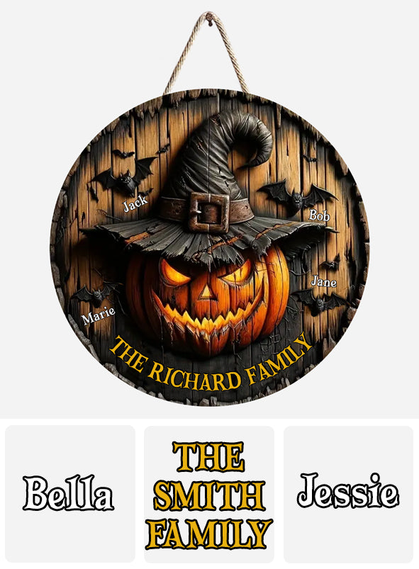 Witch Pumpkin Family - Personalized Family Round Wood Sign