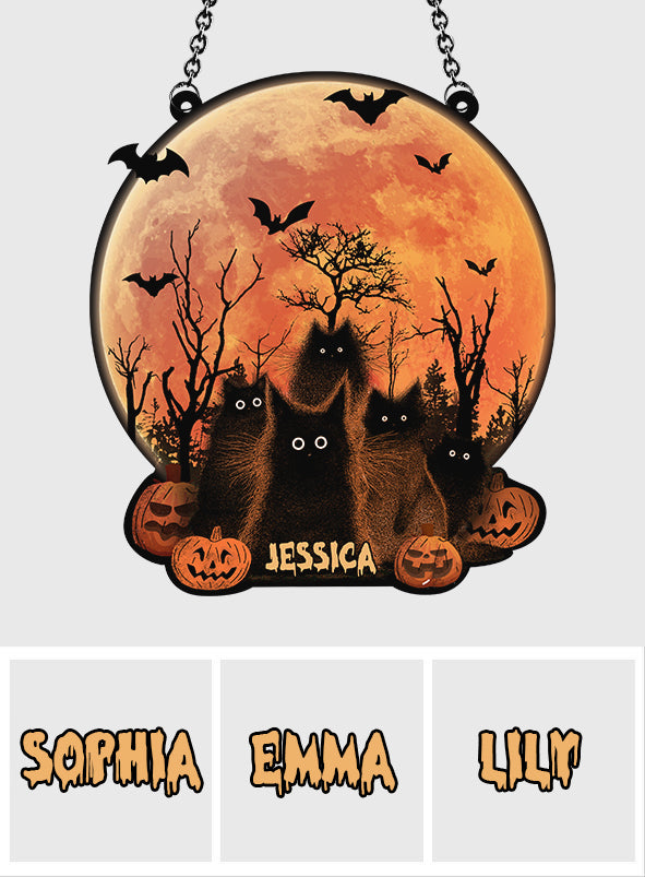 Black Cat Halloween Moon - Personalized Black Cat Window Hanging Suncatcher Ornament