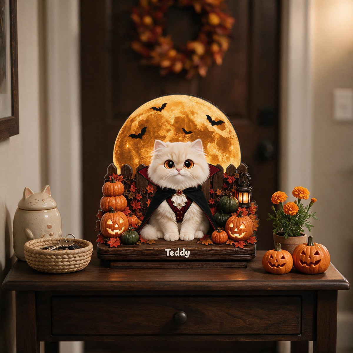 Personalized 2-Layer Wooden Halloween Plaque - Spooky Vampire Cat With Pumpkins, Custom Name Gift for Cat Lovers