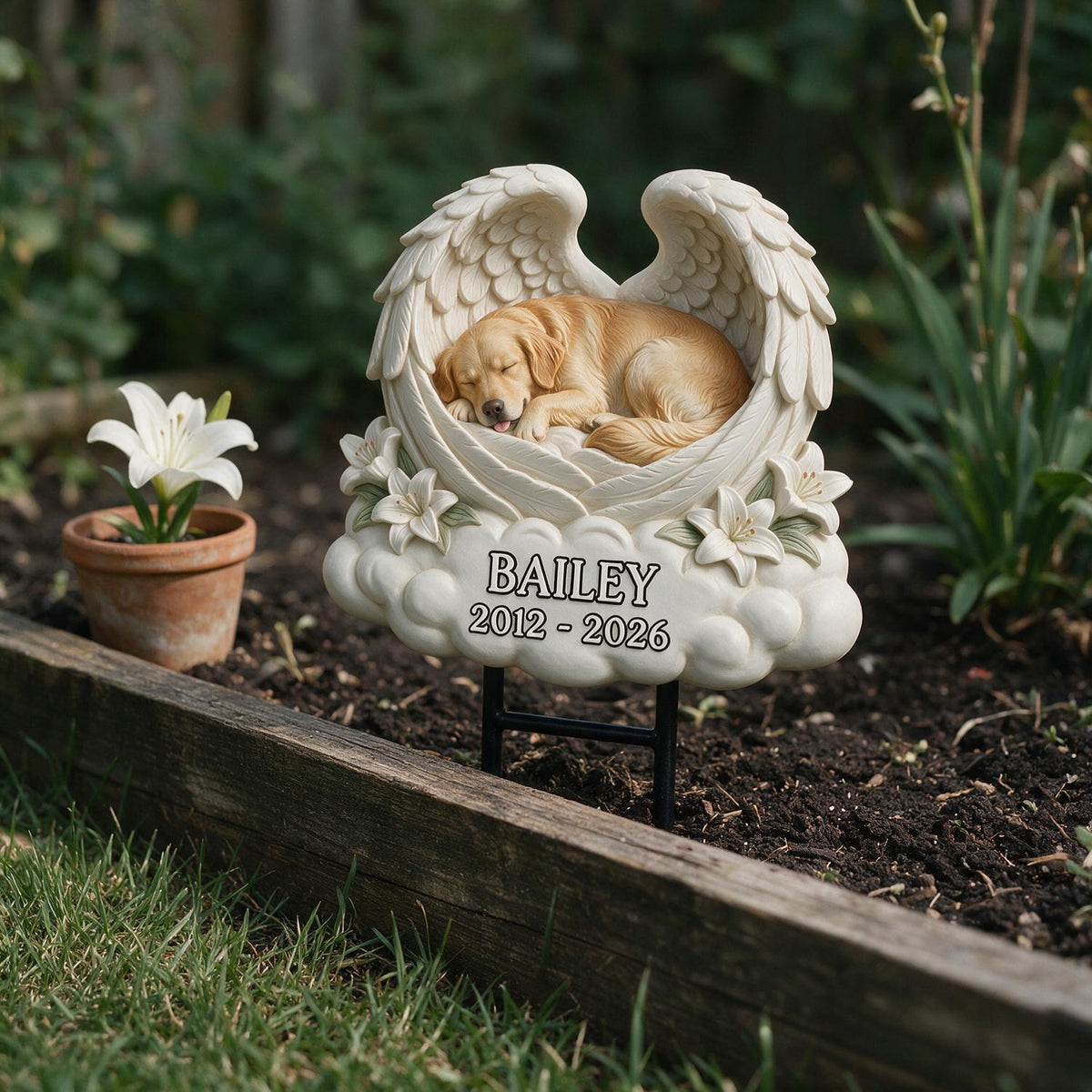 Personalized Sleeping Golden Retriever Angel Wings Memorial Yard Sign, Pet Sympathy Garden Gift