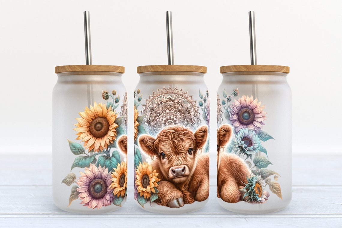 Highland Cow With Sunflowers Highland Cow Can Glass 0624