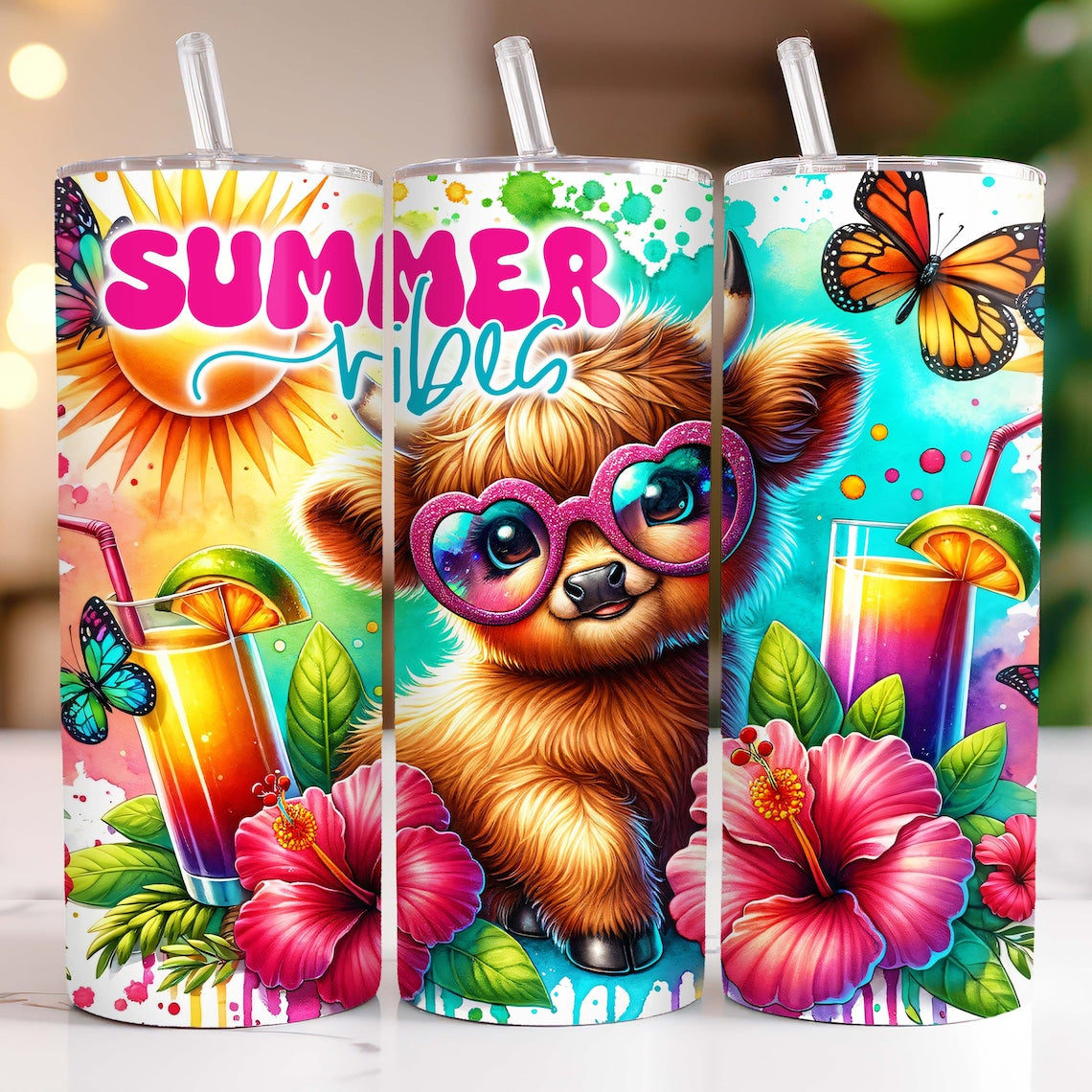 Summer Vibes Highland Cow Skinny Tumbler 0624