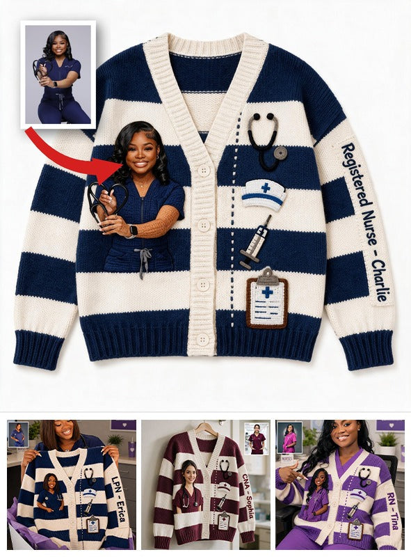 Personalized Registered black Nurse Life Striped Knit Cardigan Sweater, Thoughtful Appreciation Gift for Healthcare Workers