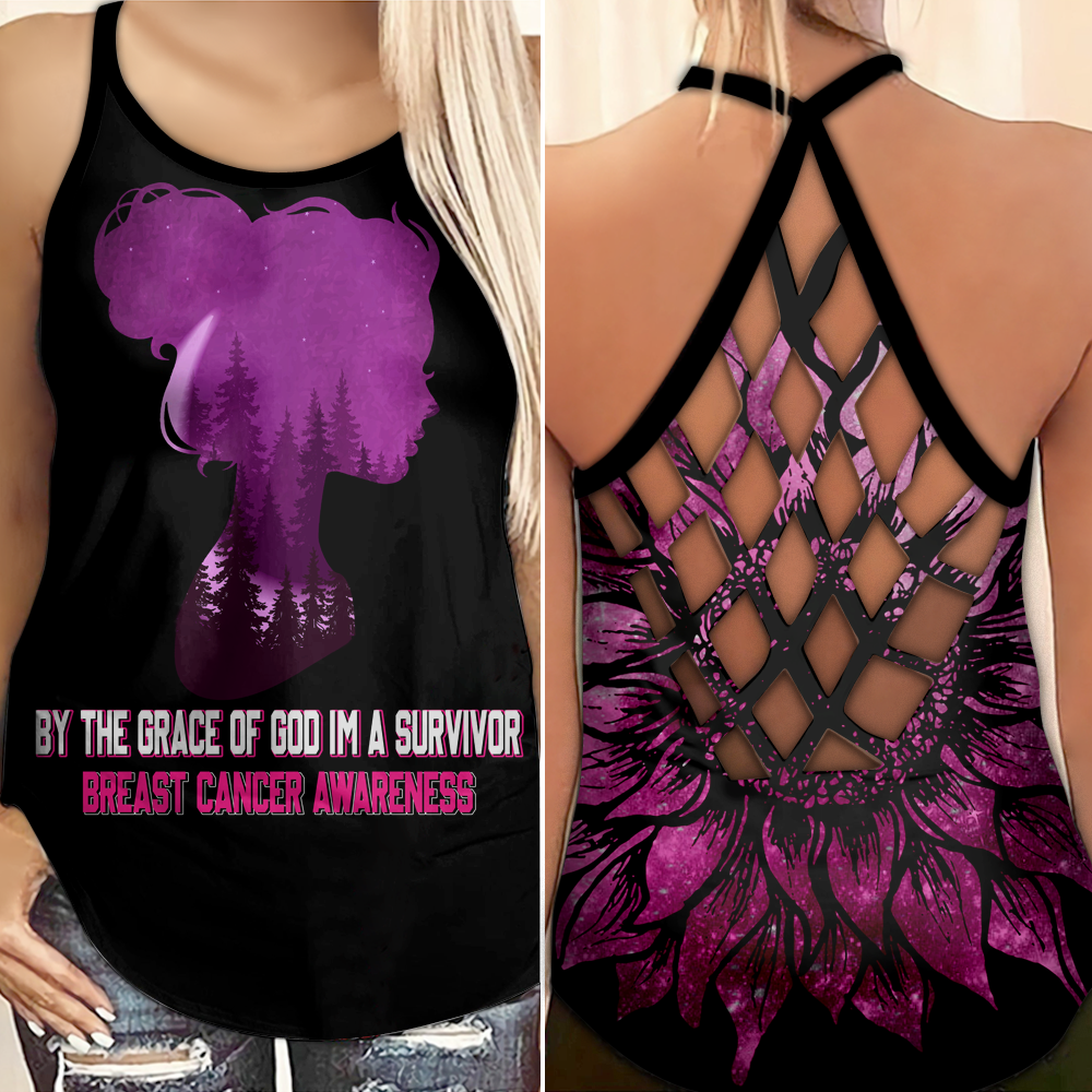 By The Grace Of God I'm A Survivor - Breast Cancer Awareness Cross Tank Top 0722
