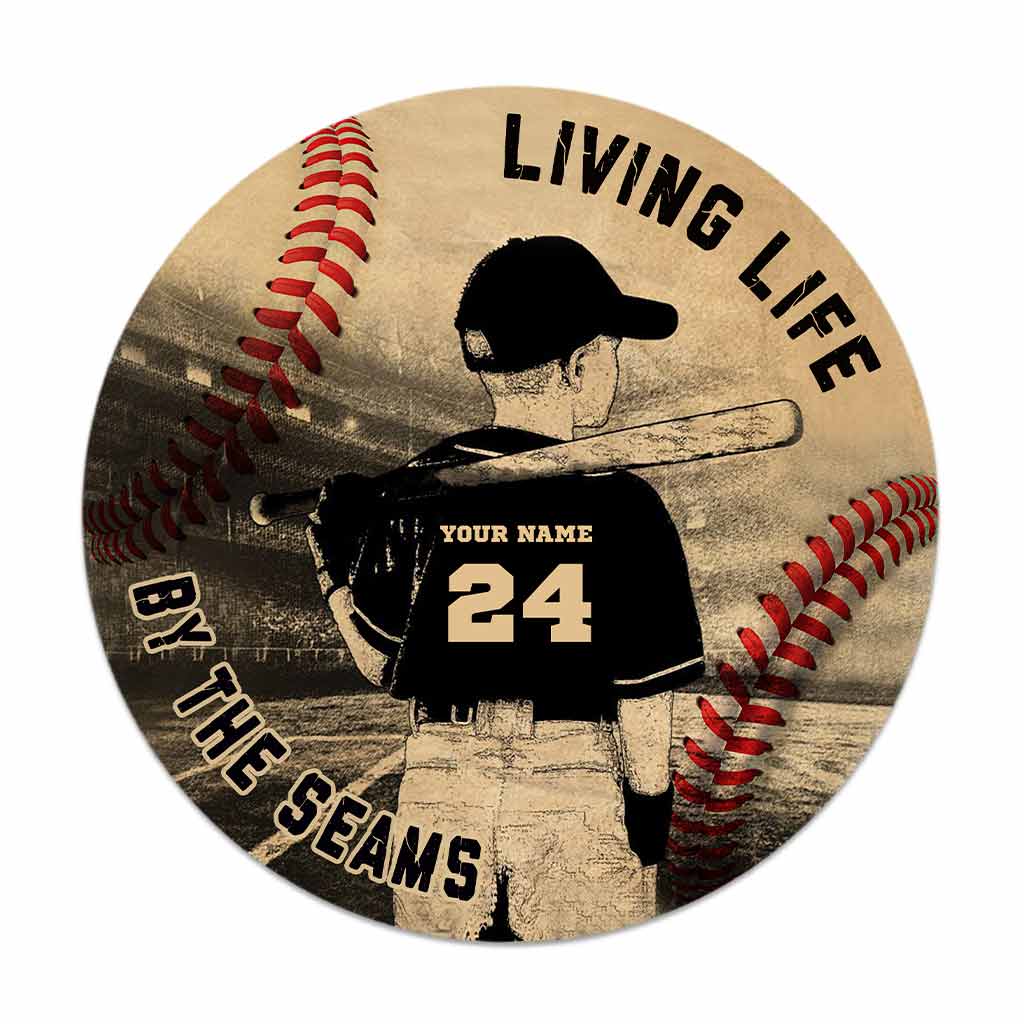 Living Life By The Seams - Baseball Personalized Round Wood Sign