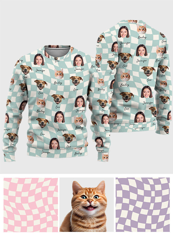 Any Photo Upload On Plaid Pattern With Many Background Color - Personalized Cat Ugly Sweater