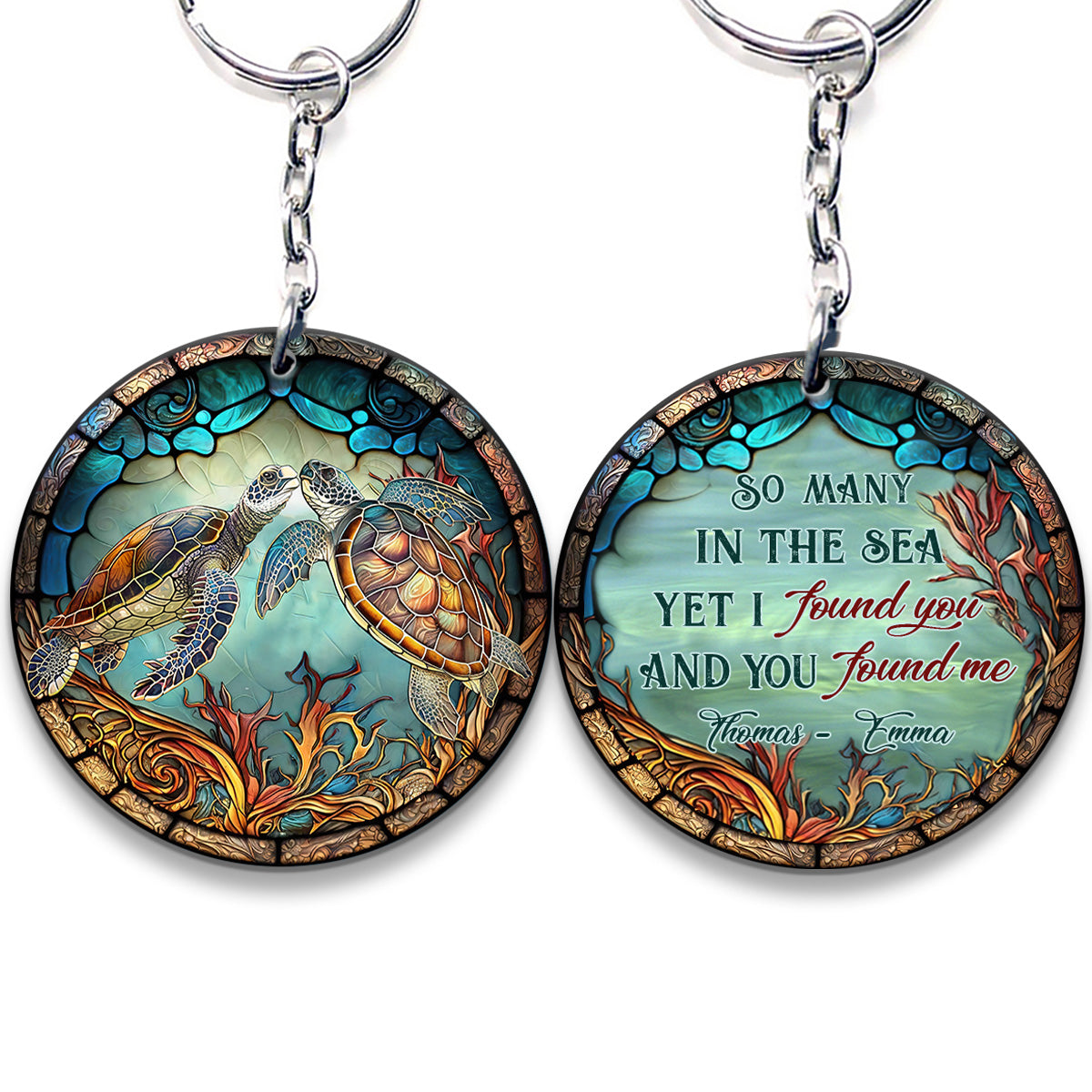 You And Me And The Sea - Personalized Turtle Keychain (Printed On Both Sides)
