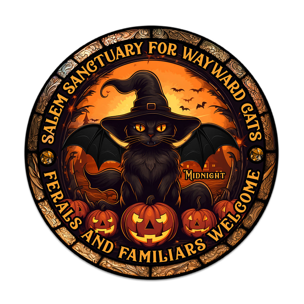 Salem Sanctuary for Wayward Cats - Personalized Black Cat Round Wood Sign