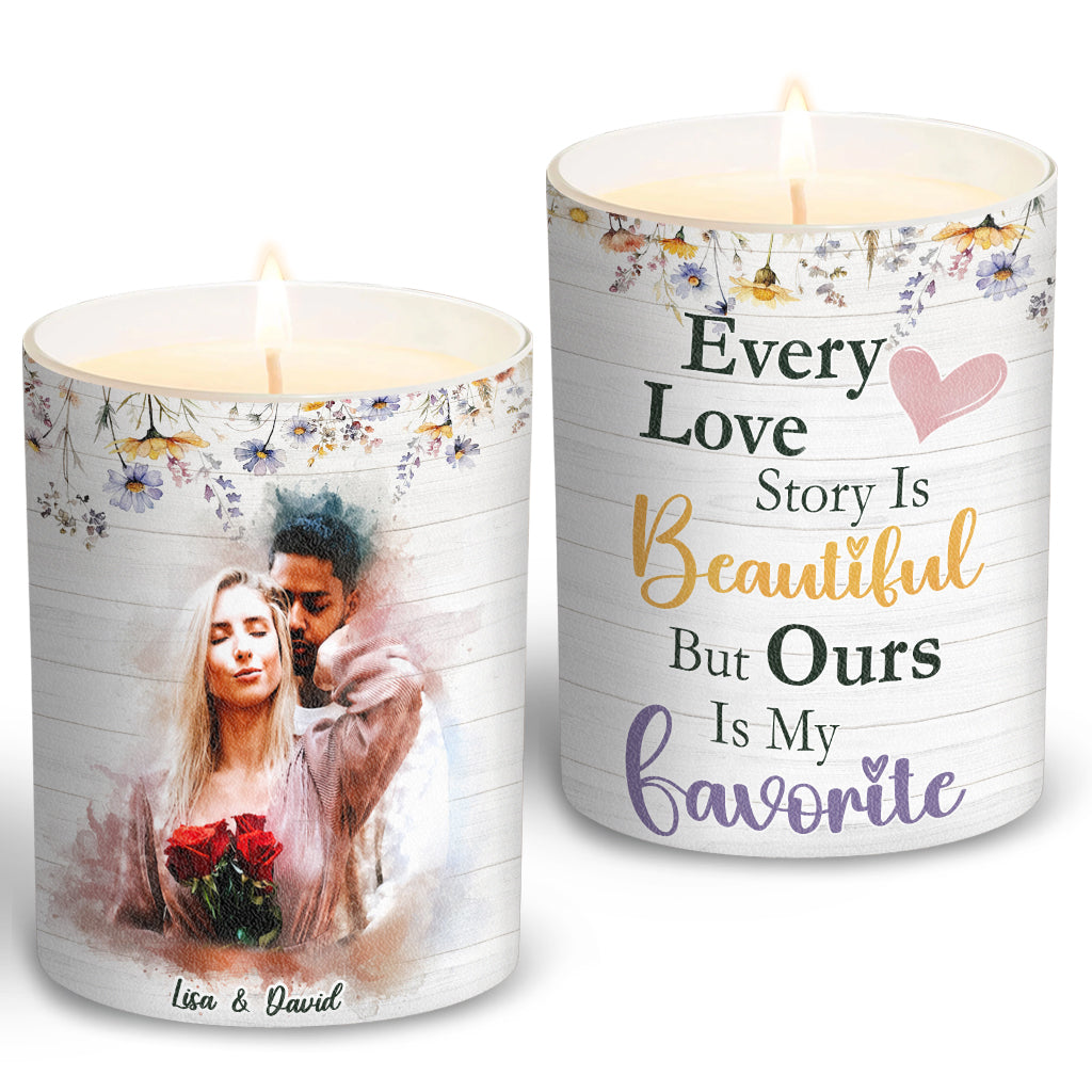 Every Love Story Is Beautiful - Personalized Couple Candle With Wooden Lid