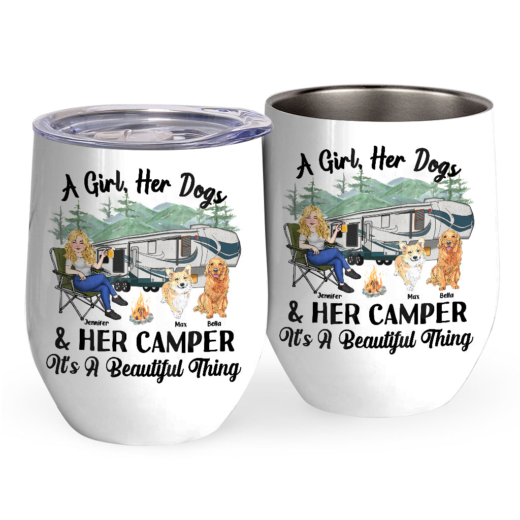 A Girl Her Dog And Her Camper - Camping gift for dog lover - Personalized Wine Tumbler