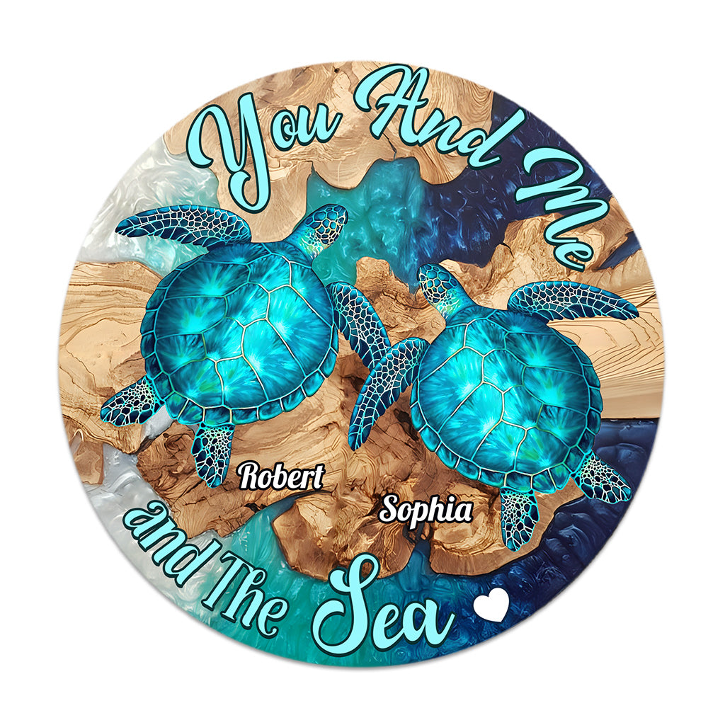 You And Me And The Sea - Personalized Turtle Round Wood Sign