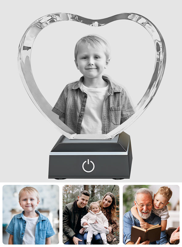 Custom Photo - Personalized Son Laser Engraving 3D Heart Shaped Crystal Lamp